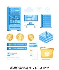 Set of cloud storage illustrations provided by the server. Cloud data center, computer connections, hosting servers, database synchronization, mining.