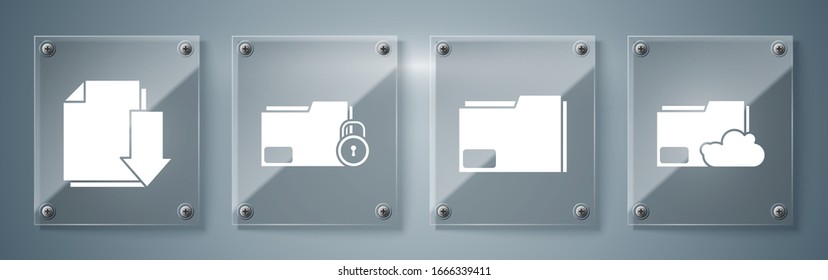 Set Cloud storage text document folder, Document folder, Folder and lock and Document with download. Square glass panels. Vector