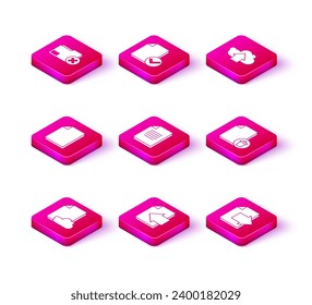 Set Cloud storage text document, Next page arrow, Document, Delete file, upload and and check mark icon. Vector