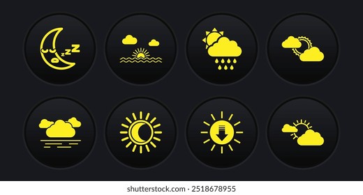 Conjunto Nube, Clima de sol y nube, Eclipse de sol, Puesta de sol, con la lluvia, y el icono de la luna. Vector