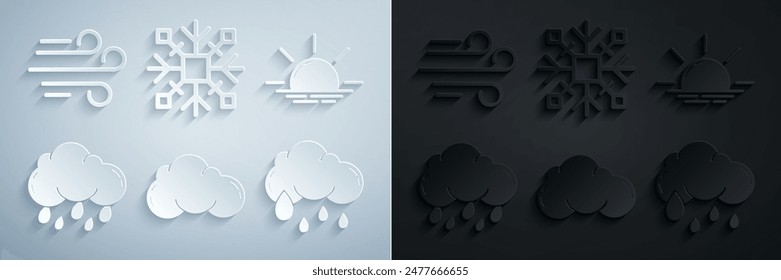 Set Cloud, Sunrise, with rain, Snowflake and Wind icon. Vector