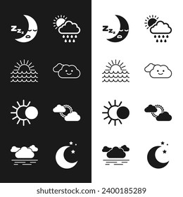 Set Cloud, Sunset, Moon icon, with rain and sun, Eclipse of the, cloud weather, stars and  icon. Vector