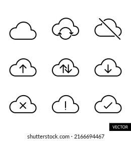 Set of cloud sync, online storage, online backup concept vector icons in line style design for website design, app, UI, isolated on white background. Editable stroke. EPS 10 vector illustration.