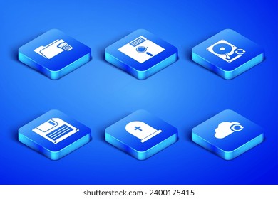 Set Cloud sync refresh, Delete folder, Tombstone with cross, Floppy disk, in the 5.25-inch and Hard drive HDD icon. Vector