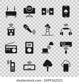 Definir dados de tecnologia Cloud, Ar condicionado, Sistema de fones de ouvido inteligentes, Transferência e armazenamento de dados, Microfone sem fio, casa com wi-fi, Sinal de roteador e ícone de prato de satélite. Vetor