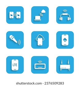 Set Cloud technology data, Computer keyboard, Router and wi-fi signal, LTE network, Wireless microphone, Smart headphones system and Data transfer storage icon. Vector