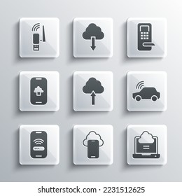 Set Cloud technology data, Network cloud connection, Smart car system, upload, Mobile with wi-fi wireless, Usb adapter and Digital door lock icon. Vector