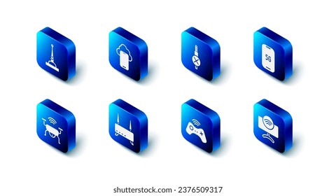 Set Cloud technology data, No audio jack, Mobile with 5G, Smart Tv system, Wireless gamepad, Router and wi-fi signal, drone and Antenna icon. Vector