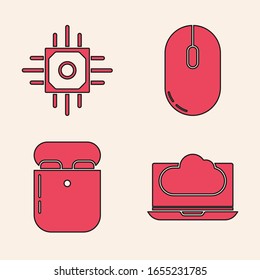 Set Cloud technology data transfer and storage, Processor, Computer mouse and Air headphones in box icon. Vector