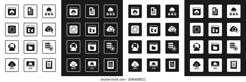 Set Cloud technology data transfer, Broken file, Processor with CPU, Search cloud computing, File document, Server and gear and Social network icon. Vector