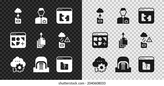 Set Cloud technology data transfer, Analyst engineer, Broken file, Hangar with servers, File missing, Different files and Data export icon. Vector