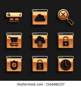 Set Cloud technology data transfer, Online shopping on screen, Browser window, Secure your site with HTTPS, SSL, shield, Magnifying glass and delete and Search engine icon. Vector