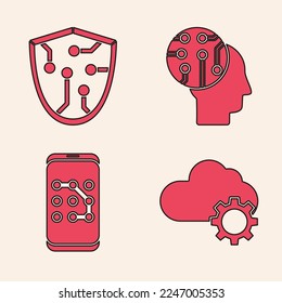 Set Cloud technology data transfer and storage, Cyber security, Human brain as digital circuit board and Mobile and graphic password protection icon. Vector