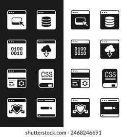 Set Cloud technology data transfer, Binary code, Browser files, Server, Data, Web Hosting, Debugging, Books about programming, Search engine and with shield icon. Vector