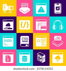 Set Cloud technology data transfer, Processor with microcircuits CPU, Headphones, Browser exclamation mark, Programming language syntax, Computer monitor screen and Software icon. Vector