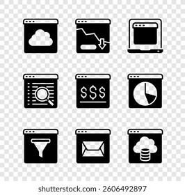 Set Cloud technology data transfer, Financial growth decrease, Laptop with browser window, Browser, Website and mail, Search engine and Online shopping on screen icon. Vector - Powered by Shutterstock - Get 15% off with code: PIKWIZARD15