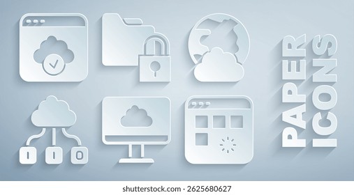 Set Cloud technology data transfer, Social network, Loading window, Folder and lock and  icon. Vector