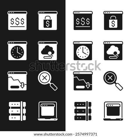 Set Cloud technology data transfer, Browser window, Online shopping on screen, Financial growth decrease, Magnifying glass and delete, Laptop with browser and Server icon. Vector