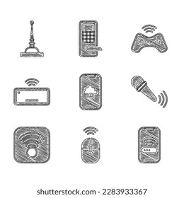 Set Cloud technology data, Wireless computer mouse, Mobile with wi-fi wireless, microphone, Wi-Fi internet, Computer keyboard, gamepad and Antenna icon. Vector