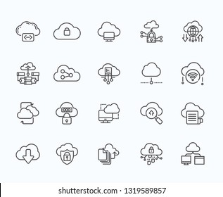 Set of cloud technology Related Vector Line Icons. Includes such Icons as security, hard drive, memory, megabytes, gigabytes, remote access, sharing, cloud storage, Internet, password