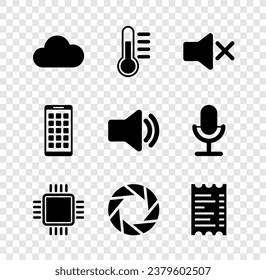 Set Cloud, Thermometer, Speaker mute, Processor with CPU, Camera shutter and Paper financial check icon. Vector