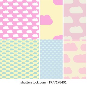 Set of cloud trends seamless patterns. Minimalistic vector seamless pattern perfect for wallpaper, cotton textile print, bedding, holiday package or brown paper. Pastel shades.