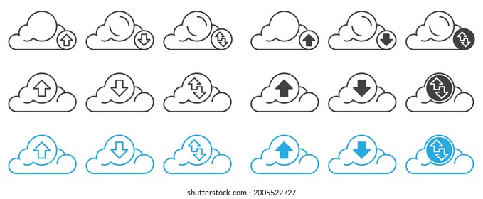 Conjunto de imágenes vectoriales de líneas de descarga en nube y carga en nube para aplicaciones o sitios web