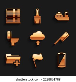 Set Cloud upload, Flag, Smartphone, mobile phone, Meat chopper, Add new folder and Toilet bowl icon. Vector