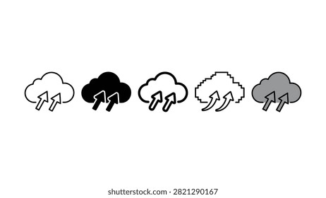 Set of cloud upload icons featuring various graphical design styles and line weights