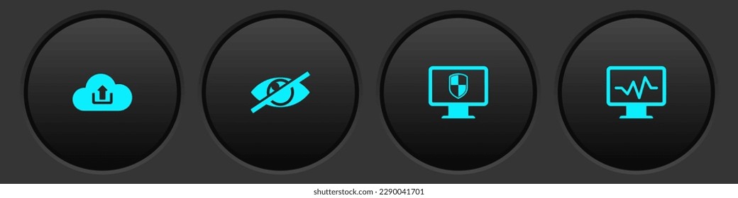 Set Cloud upload, Invisible or hide, Monitor and shield and with cardiogram icon. Vector