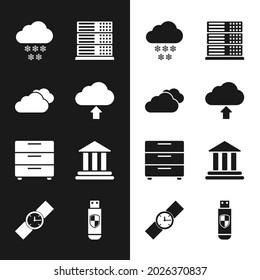 Set Cloud upload, , with snow, Server, Data, Web Hosting, Furniture nightstand and Bank building icon. Vector