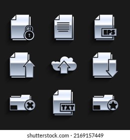 Set Cloud upload, TXT file document, Document folder with star, download, Delete, Upload, EPS and and lock icon. Vector