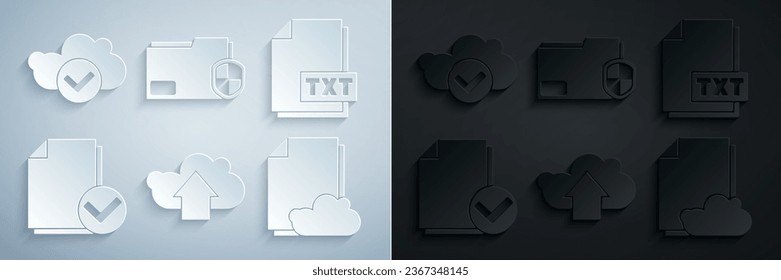 Set Cloud upload, TXT file document, Document and check mark, storage text, folder protection and with icon. Vector