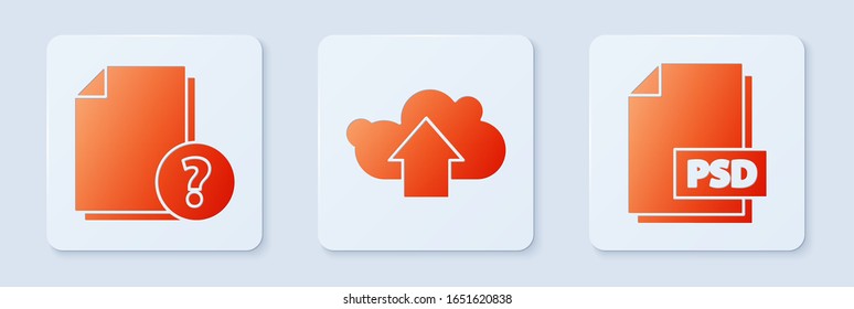 Set Cloud upload, Unknown document and PSD file document. White square button. Vector