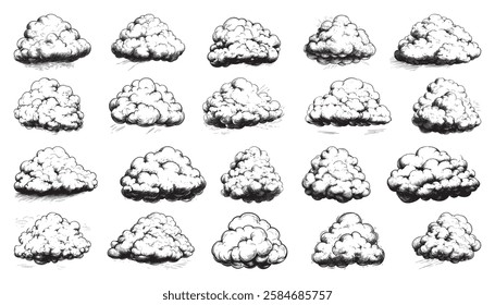 Set of cloud vector illustrations - hand drawn cloud - black and white cloud isolated on white background