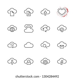 Set of cloud vector line icon. It contains symbols to upload, download, link and more. Editable Stroke. 32x32 pixels.