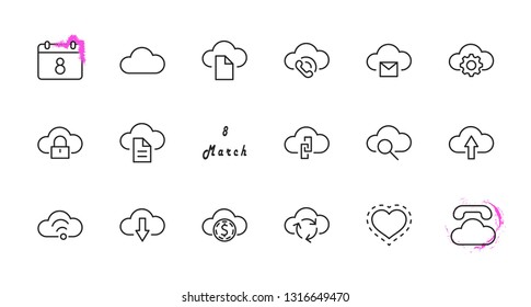 Set of cloud vector line icon. It contains symbols to upload, download, link and more. Editable Stroke. 32x32 pixels.