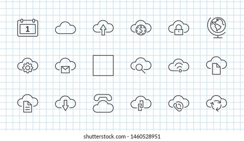 Set of cloud vector line icon. It contains symbols to upload, download, link and more. Editable Stroke. 32x32 pixels.