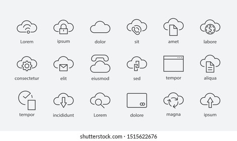 Set of Cloud vector line icon. It contains symbols to upload, download, link and more. Editable Stroke. 32x32 pixels.