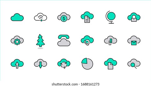 Set of cloud vector line icon. It contains symbols to upload, download, link and more. Editable Stroke. 32x32 pixels.