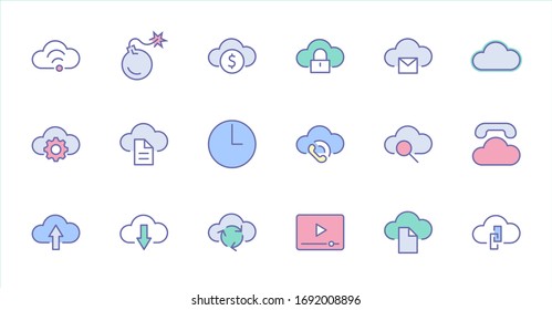 Set of cloud vector line icon. It contains symbols to upload, download, link and more. Editable Stroke. 32x32 pixels.