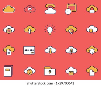 Set of cloud vector line icon. It contains symbols to upload, download, link and more. Editable Stroke. 32x32 pixels.