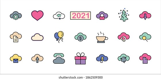 Set of cloud vector line icon. It contains symbols to upload, download, link and more. Editable Stroke.