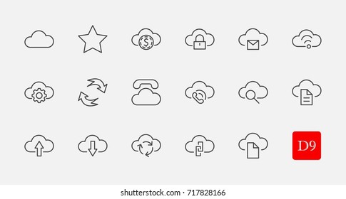 Set of cloud vector line icon. It contains symbols to upload, download, link and more. Editable move. 32x32 pixels.
