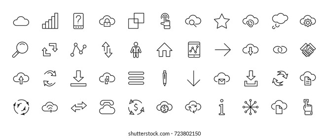 Set of cloud vector line icon. It contains symbols to upload, download, link and more. Editable move. 32x32 pixels.