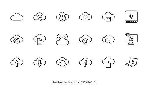 Set of cloud vector line icon. It contains symbols to upload, download, link and more. Editable move. 32x32 pixels.