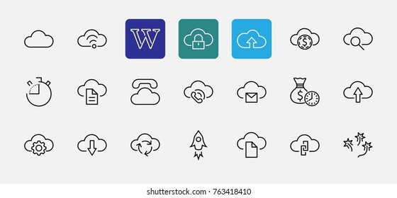 Set of cloud vector line icon. It contains symbols to upload, download, link and more. Editable move. 32x32 pixels.