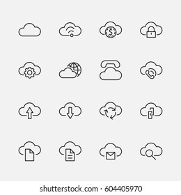 Set of cloud vector line icons. It contains symbols to upload, download, link and more. 32x32 pixels.