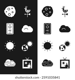 Set Cloud, Weather forecast, Moon, Rooster weather vane, Sun, Earth globe and sun,  and Fog cloud icon. Vector