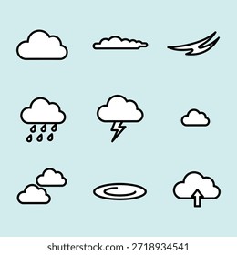 Conjunto de iconos de nube y Clima en estilo de contorno limpio. Incluye nubes de lluvia, tormentas eléctricas, viento, nubes Cargar, múltiples Formas de nubes y símbolos celestes. Ideal para interfaz de usuario, UX, App móviles, Sitios web, pronósticos de Clima, paneles, infografías y diseño de interfaz moderno. Ilustración vectorial totalmente editable.